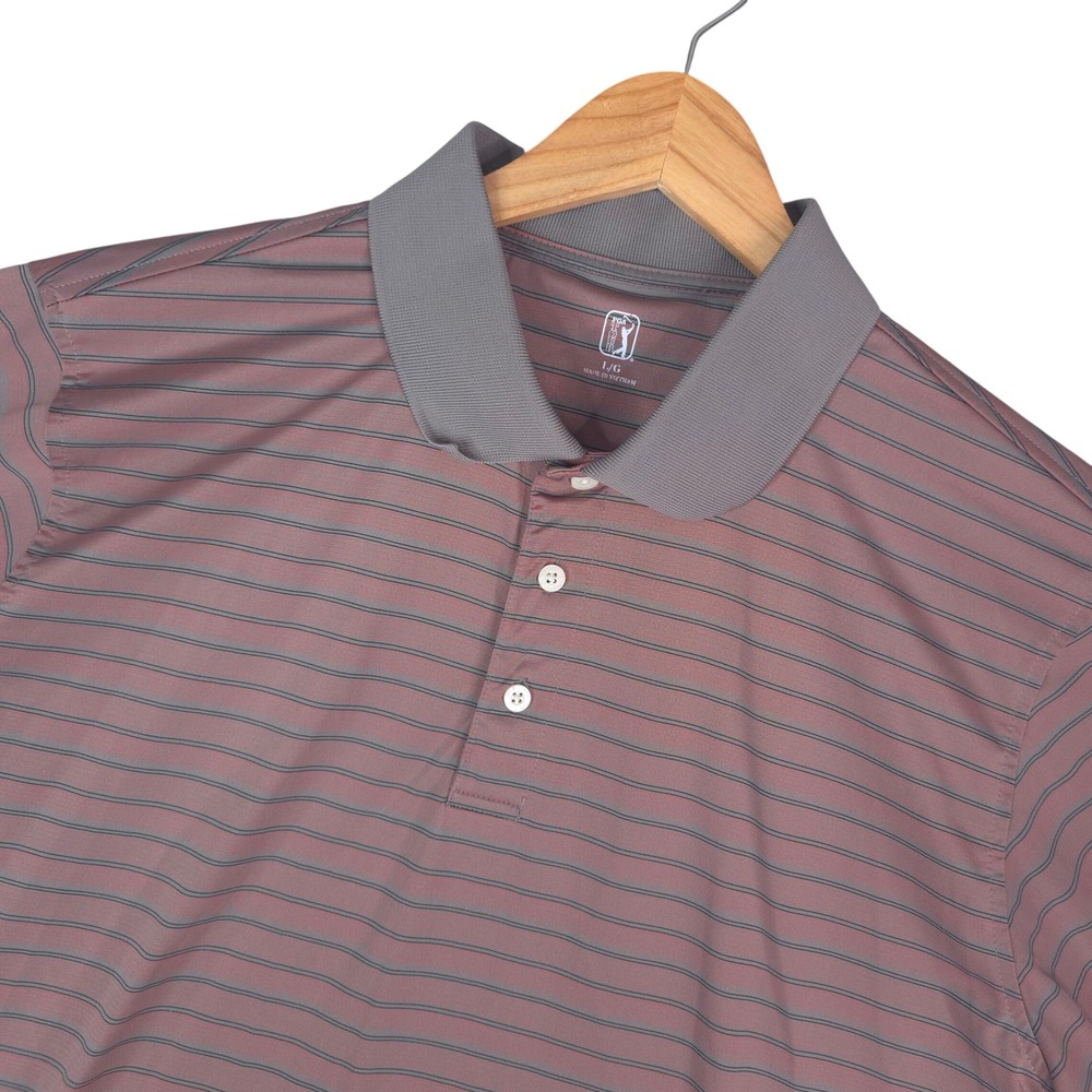 PGA Tour Polo Shirt Men Large Brown Gray Striped Short Sleeve Golf Athletic